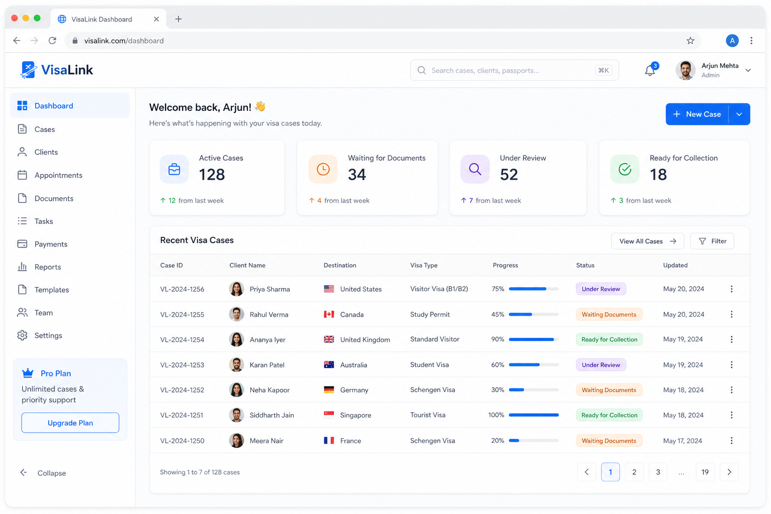 VisaLink agency dashboard showing visa case stats, a case list with progress bars and status badges