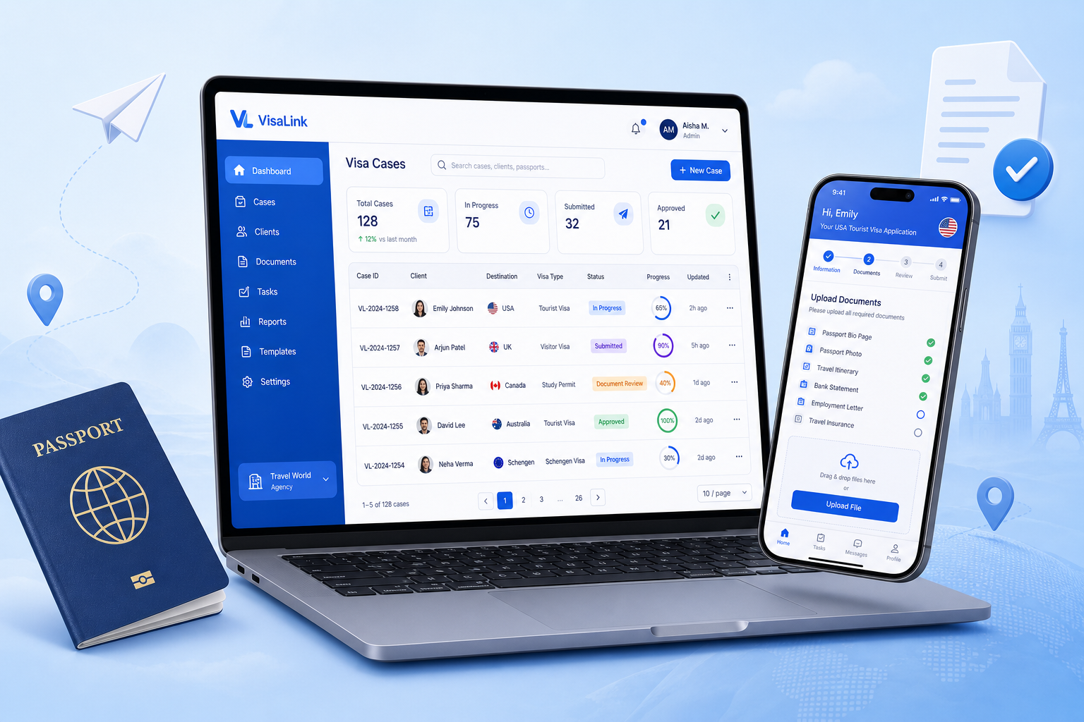 VisaLink visa case dashboard on a laptop and a client document upload portal on a phone